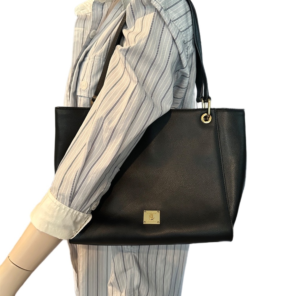 Lauren Ralph Lauren classic black leather tote, work bag, top handle purse